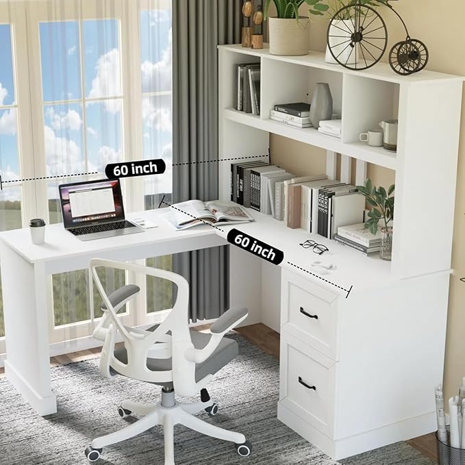 WERSMT Home Office Executive Desks with Drawer Modern Corner Desk with Hutch 60 Large Wood L Shaped Desks with Shelves &amp File Cabinet White