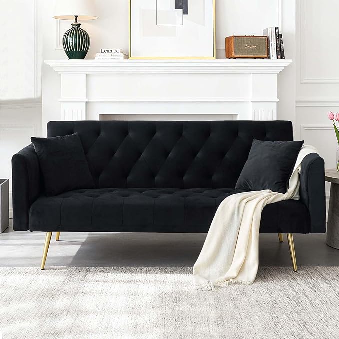 71Convertible Futon Sofa Bed - Modern Velvet Sleeper Couch with Adjustable Backrest Tufted Recliner with Golden Chrome Legs &amp 2 Pillows Perfect for Small Spaces Living Room &amp Apartment (Bl