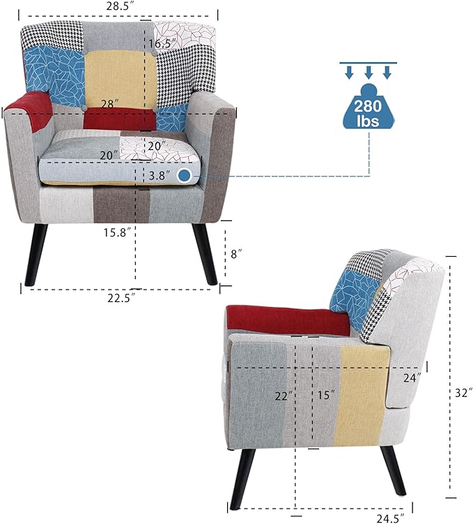 Patchwork Accent Chair Mid Century Modern Fabric Club Chair for Bedroom Comfy Colourful Single Sofa Chair for Livingroom Bedroom Office Study and Reading Room