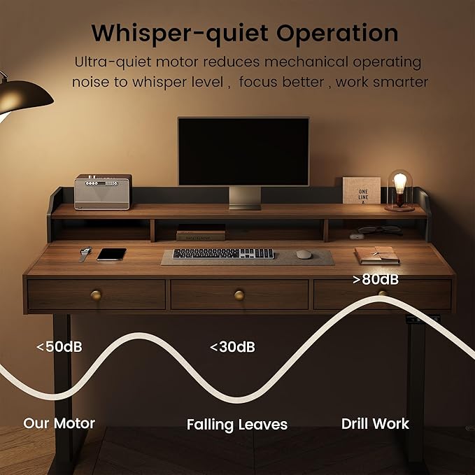 Standing Desk with 3 Drawers 47.2 x 26 Inches Height Adjustable Desk with Monitor Shelf Electric Stand Up Table with Storage for Home and Office Black Walnut