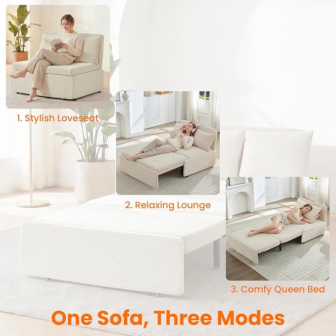 ijuicy 3 in 1 Pull Out Sofa Bed Twin Corduroy Sleeper Sofa with Pullout Bed Convertible Loveseat Couch Beds with Pillows and Tri-fold Mattress for Small Spaces Apartment-Beige