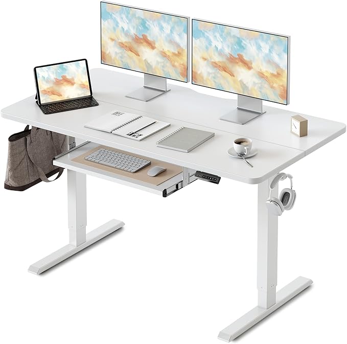 FEZIBO Standing Desk with Keyboard Tray 55 x 24 Inch Adjustable Height Sit Stand Desk with Memory Presets for Home Office Ergonomic Computer Workstation White