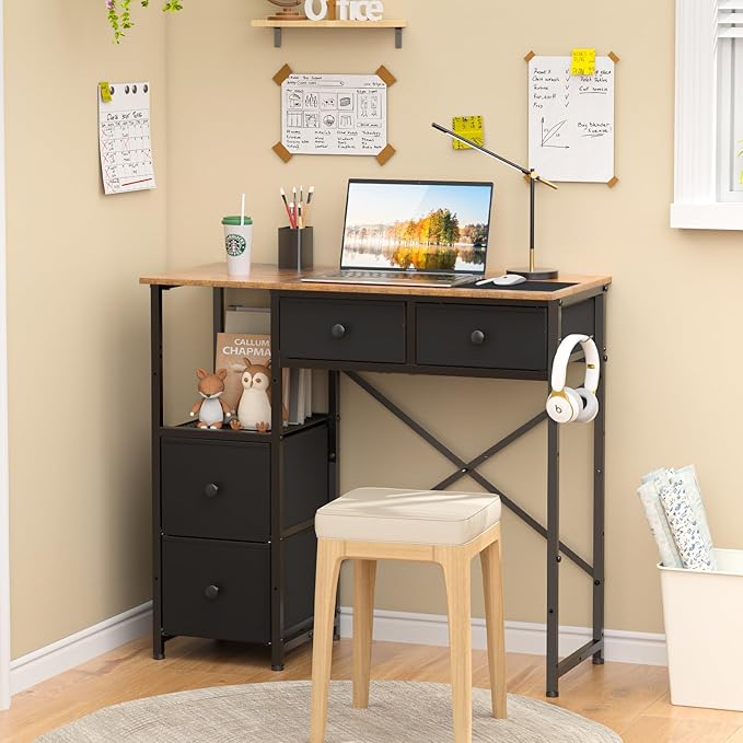Small Computer Desk with 4 Fabric Drawers Simple Writing Desk for Home Office Compact Study Desks for Small Spaces Kids Desk Study for Bedroom Rustic Brown