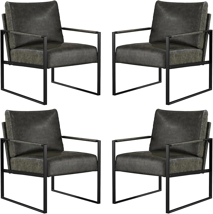 CANMOV Modern Accent Chair Set of 4 PU Leather Armchair with Metal FrameComfy Single Reading Chair with Soft Padded Backrest and Cushion for Living Room BedroomReading RoomOfficeDark Grey