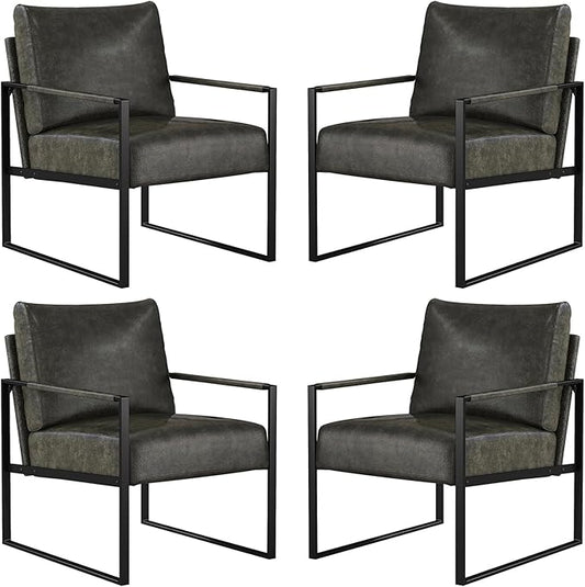 CANMOV Modern Accent Chair Set of 4 PU Leather Armchair with Metal FrameComfy Single Reading Chair with Soft Padded Backrest and Cushion for Living Room BedroomReading RoomOfficeDark Grey