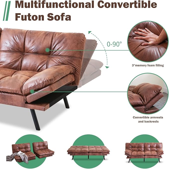 Opoiar Futon Sofa BedLounge Memory Foam Sleeper Couch for Living RoomConvertible Loveseat for Compact Living SpacesStudio ApartmentDormHome Office71-Brown-Faux Leather-Thicker versio