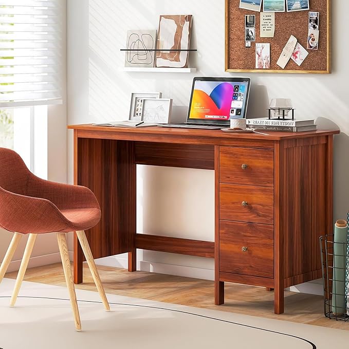 POWERSTONE 48 Inch Computer Desk with 3 Drawers Storage Computer Desk for Home Office Bedroom Large Study Writing Desk Home Office Desks Workstation (Red Brown)