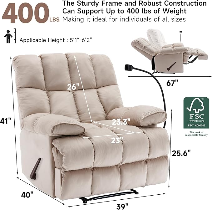 Euthymia Oversized Recliner Chair Big and Tall Recliner Chairs for Adults 400LBS Large Recliner Chair Extra Wide Recliner for Living Room Cream