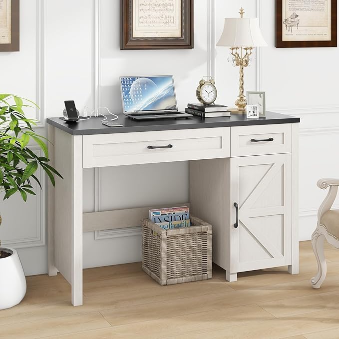Farmhouse 47 Executive Desk Computer Desk with Drawers and Storage Cabinet Workstation Computer Desk for Home Office Study.