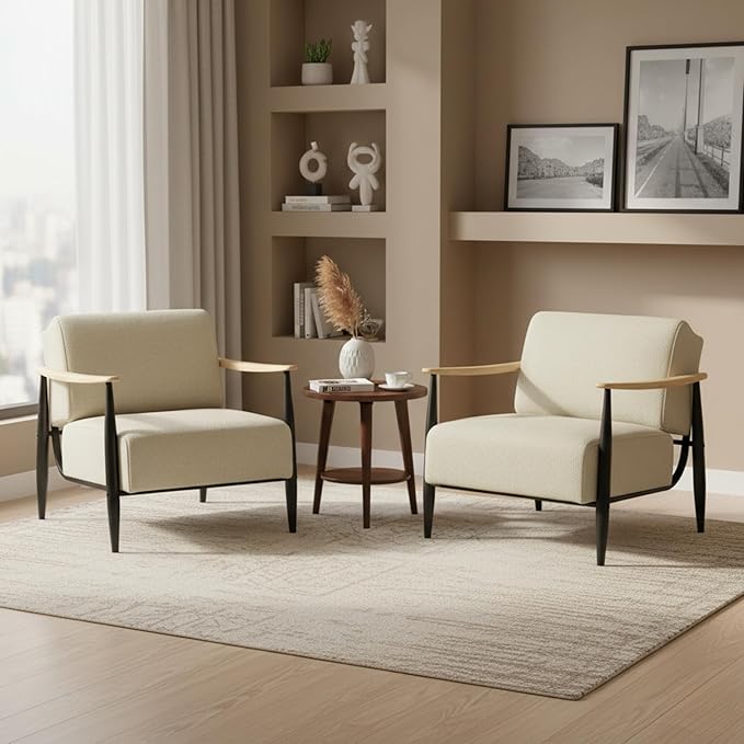 Homy Casa Set of 2 Upholstered Accent Chair with Solid Wood Armrests Heavy-Duty Metal Frame Lounge Chair with Pocket Spring Cushion 500 lbs Capacity for Living Room Reading Corner Bedroom(Oak2)