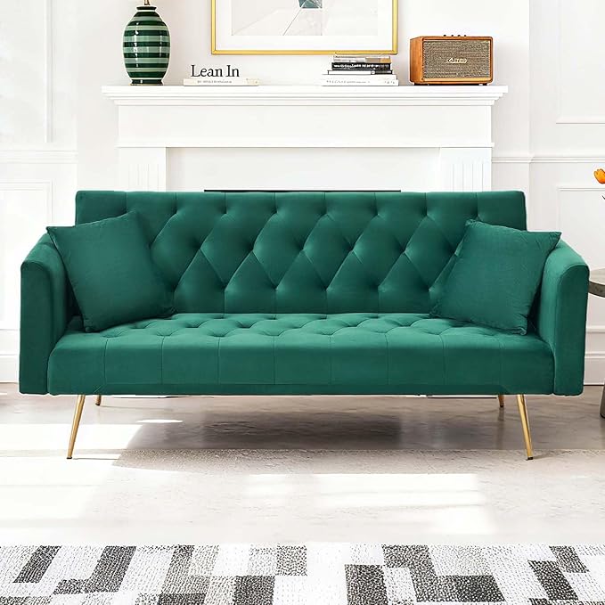 71Convertible Futon Sofa Bed - Modern Velvet Sleeper Couch with Adjustable Backrest Tufted Recliner with Golden Chrome Legs &amp 2 Pillows Perfect for Small Spaces Living Room &amp Apartment (Gr