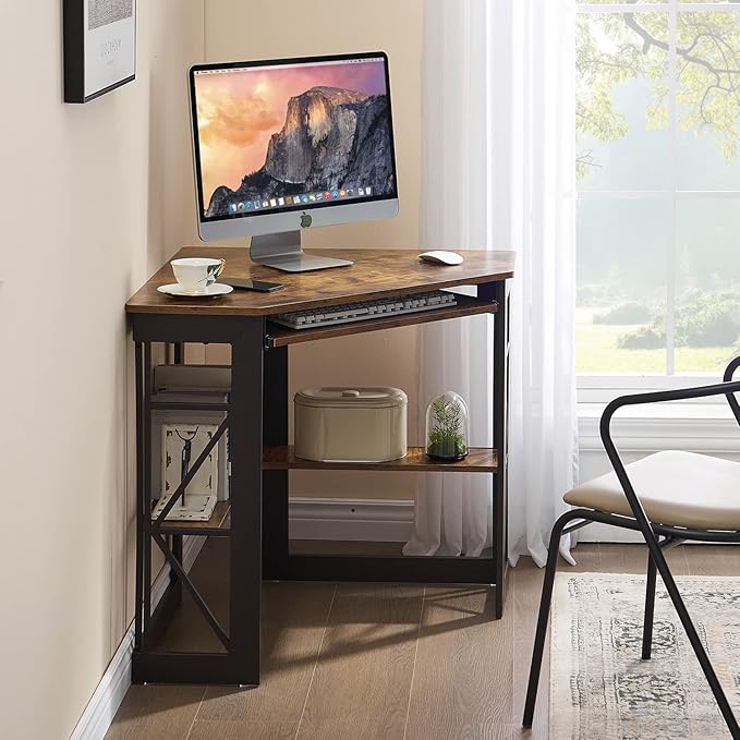 VECELO Corner Desk Computer Desk Writing Table with Smooth Keyboard Tray &amp Storage ShelvesCompact Home Office Triangle TableAntique Brown
