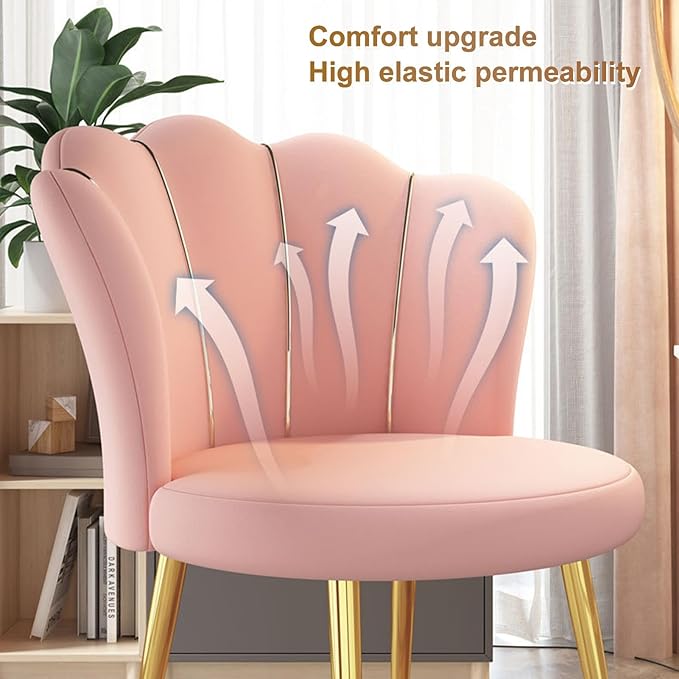 Mid-Century Modern Accent Chair Velvet Upholstered with Golden Legs - Versatile Dining Living Room Bedroom Study &amp Waiting Room Chair with Back Support Elegant Vanity Chair Pink