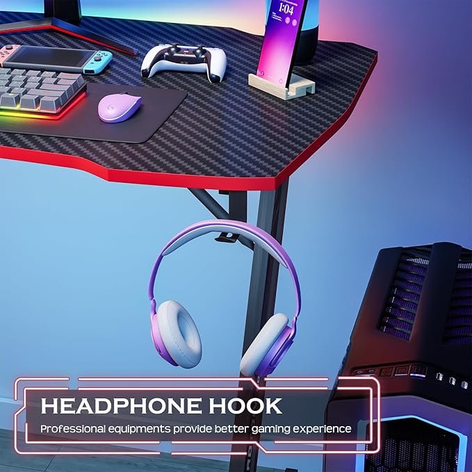 PayLessHere | 35 Gaming Table | Red | Z-Shaped Computer Desk with Steel Frame Headphone Hook Adjustable Feet | Carbon Fiber Texture Surface Sweat &amp Waterproof | for Gaming Home Office