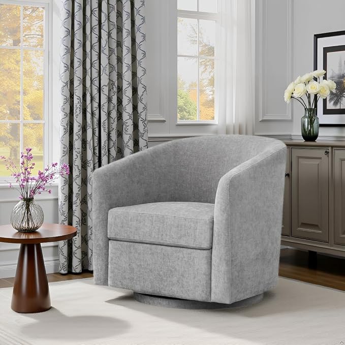 Chenille Swivel Accent Chair Living Room Chairs No Assembly Upholstered Armchair 360°Rotating Barrel Chair for Bedroom Apartment &amp Reading Nook (1 Light Grey)