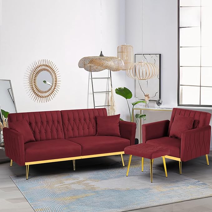 2 Pieces Velvet Sofa Set with Adjustable Armrest and Backrest 70” Convertible Futon Sofa Bed &amp Mordern Accent Chair with Ottoman for Living Room Bedroom Red