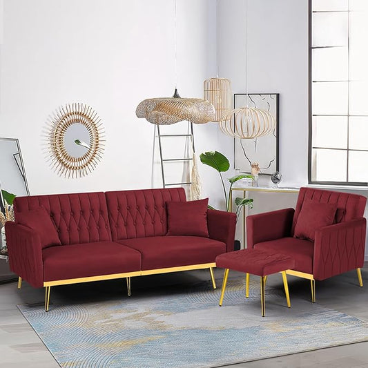 2 Pieces Velvet Sofa Set with Adjustable Armrest and Backrest 70” Convertible Futon Sofa Bed &amp Mordern Accent Chair with Ottoman for Living Room Bedroom Red
