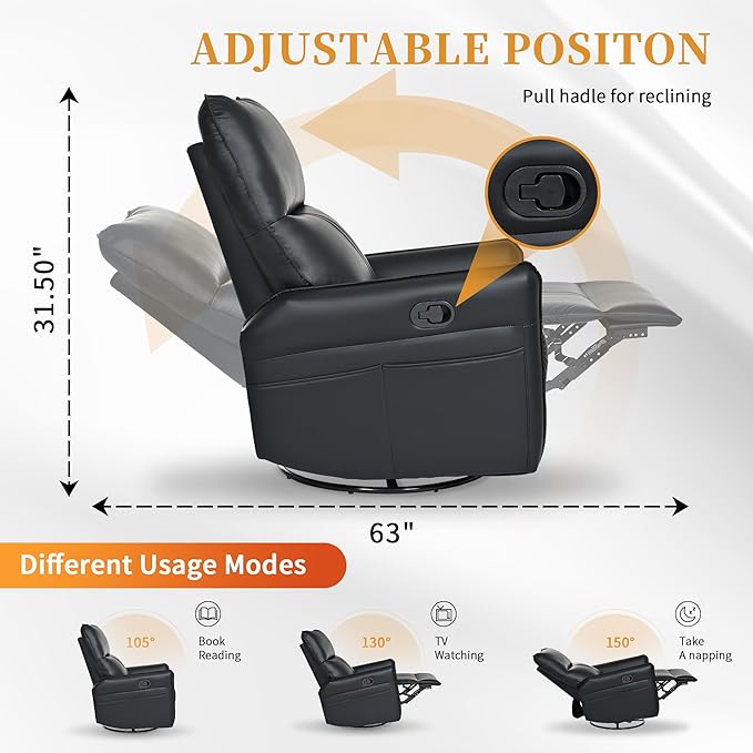 Swivel Rocker Recliner Chair Upholstered 360° Fabric Leather Glider Rocker Chair for Nursery Manual Small Recliners for Small Spaces Living Room Weight Capacity 300lbs