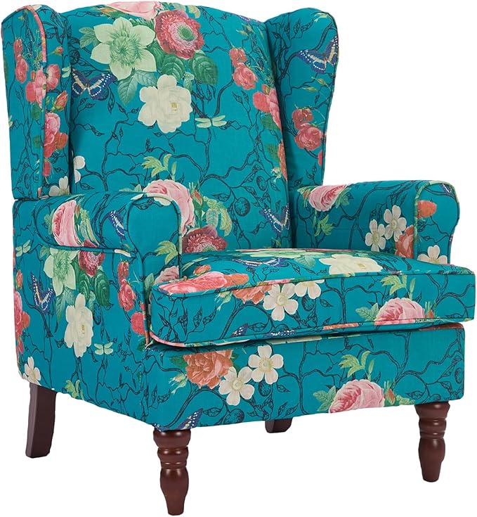 Chifee &amp Vingol Wingback Chair High Back Armchair Upholstered Living Room Chairs Comfy Single Sofa ChairCyan