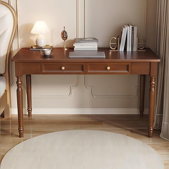 Large Computer Desk with 2 Storage Drawers 47 Home Office Desks- Elegant Wood Writing Desks Classic Vanity Dressing Table for Small Space Easy Assembly Caramel Brown SXC-D776