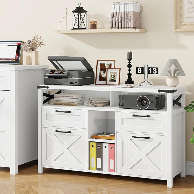 Farmhouse Filing Cabinet with Adjustable Shelf for Home Office Lateral File Cabinets 4 Drawers with Open Storage Shelf Filing Organization Storage Cabinets for Hanging Files Letter/A4.(White)