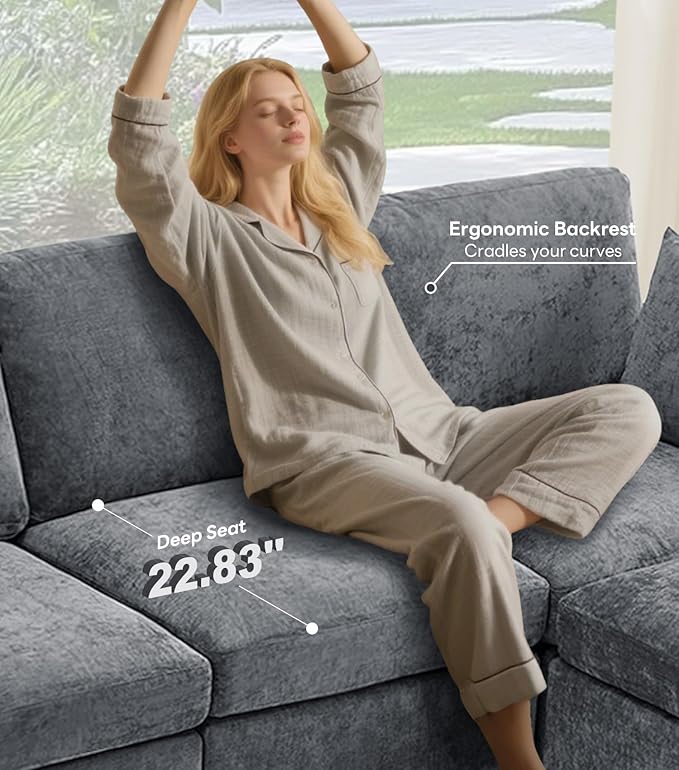 Tbfit Convertible L Shaped Couch Sectional Sofa for Living RoomChenille Cloud Couch with Ottoman 4 Seat (Grey)