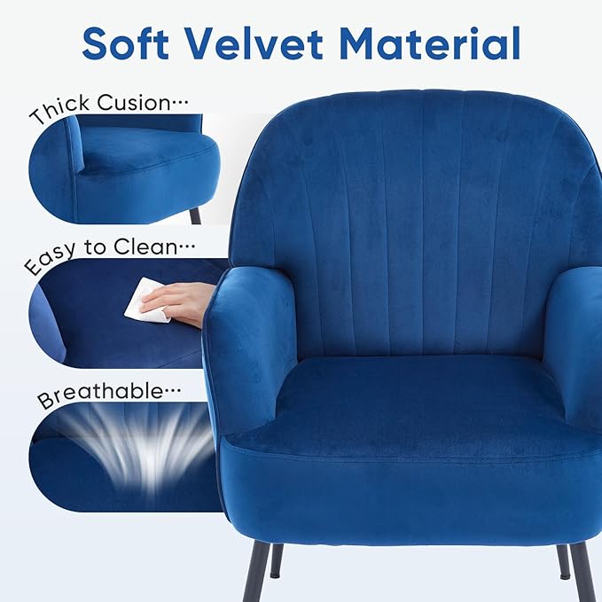 Velvet Accent Chair Upholstered Modern Leisure Single Sofa Side Living Room Chair Comfy Tufted Back Armchair with Metal Legs for Waiting Room/Bedroom/Office/Reading Room Blue
