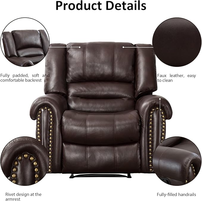 INZOY Leather Recliner Chair Heavy Duty Manual Reclining Sofa Single Lounge Sofa for Living Room Home Theater Seating Brown