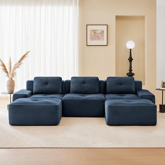 115 Modern Blue Corduroy Boneless Sofa Set 3 Seater Modular Sectional Couches for Living Room Compressed Memory Foam Cloud Couch with 2 Ottoman Deep Seat No Assembly Sofas para Sala U Shaped