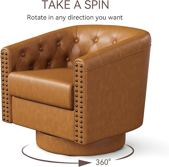 Swivel Barrel Accent ChairRound Nailhead Faux Leather Living Room Arm ChairsModern Upholstered Comfty Reading Nook Chairs for BedroomSmall Club ArmchairSingle Sofa Side ChairCaramel Brown