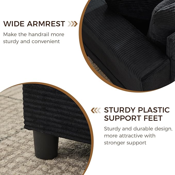 Chaise Lounge Chair IndoorOversized Corduroy Upholstered Sofa Bed with Removable Storage Ottoman Small Cloud Sofas for Living Room Comfy Deep Seat Sleeper Couch Reading Chairs - (Black)