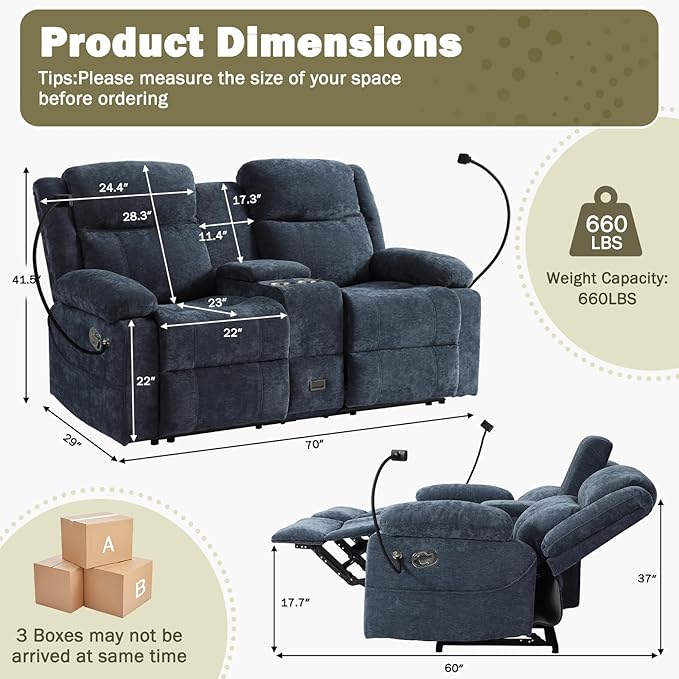 Manual Reclining Loveseat Sofa with 360°Adjustable Phone Holder Center Console Storage with Type-C Charging &amp USB Adjustable Headrest Cupholders Hidden Storage Drawer Living Room Home Theate