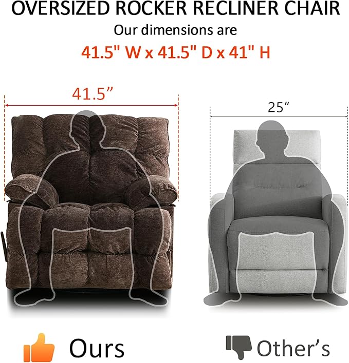 Oversized Rocker Recliner Chair for AdultsOverstuffed 360° Swivel Rocking Recliner Extra Wide Breathable Fabric Manual Reclining Single Sofa for Living Room (Brown)