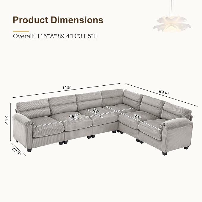 115” Modular Sectional L Shaped Corner Sofa Corduroy 6-Seater Couches with Thick Cushion for Living Room Grey