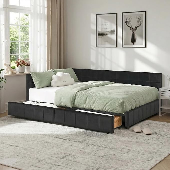 Queen Corner Bed Frame with Storage Drawers Modern Velvet Upholstered Sofa Day Bed Frame with Wood Slats for Living Room Bedroom Guest Room No Box Spring Needed Black