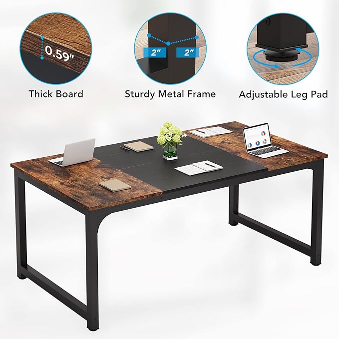 LITTLE TREE 70.8 Inch X-Large Executive Computer Office Desk Brown+Black