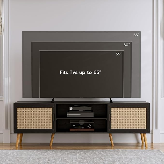 TV Stand for TVs up to 65'' Entertainment Center with Rattan Door Shelves &amp 2 Cabinets Boho Media TV Console for Living Room Bedroom Black