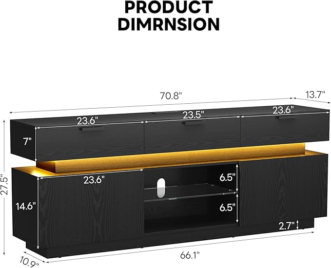 LIKIMIO Black TV Stand for TVs 85 inch Entertainment Center with Power Outlets &amp LED Lights TV Media Console Table with Cabinets Drawers and Open Storage Shelves Modern TV Stand for Living Roo