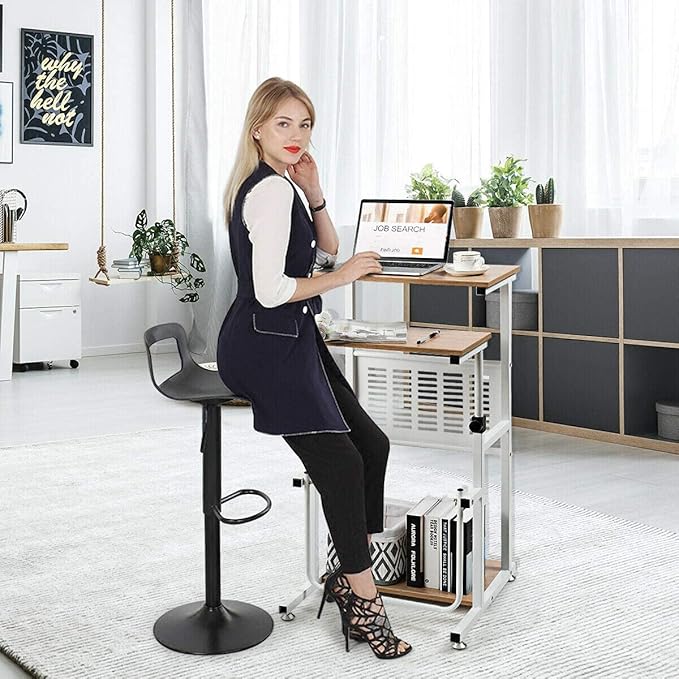 Goplus Topment Height Adjustable Standing Desk Home Office Writing Workstation with U-Shaped Footrest Sturdy Steel Frame Adjustable Pads Space-Saving Sit Stand Laptop Table with Storage