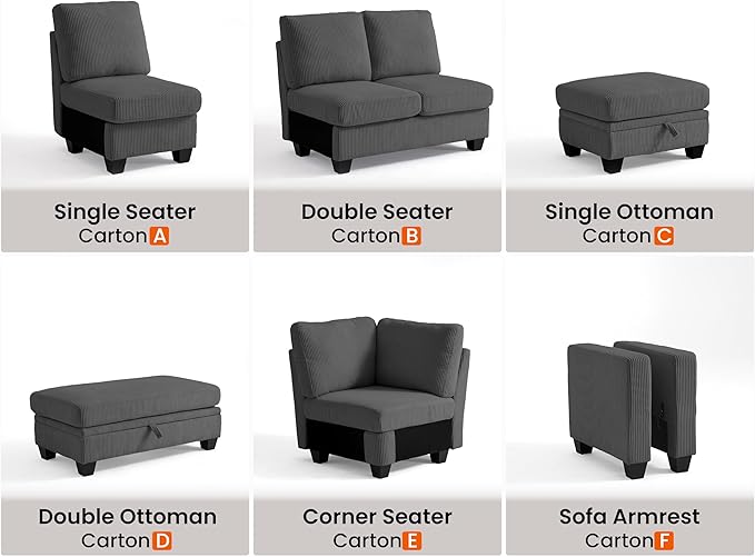 CHIC HOUSE Middle Module for Modular Couch Corduroy Customizable Chaise Storage Ottoman for Sectional Sofa Armrest Single/Double Seater