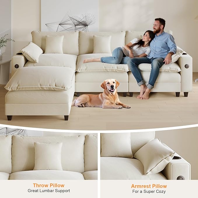 116 Modular L Shaped Cloud Couch Sectional Couches for Living Room with Ottoman Chenille Deep Seat Sofa Cloud Sectional Couch with Charging Station Cup Holder Side Pocket Beige
