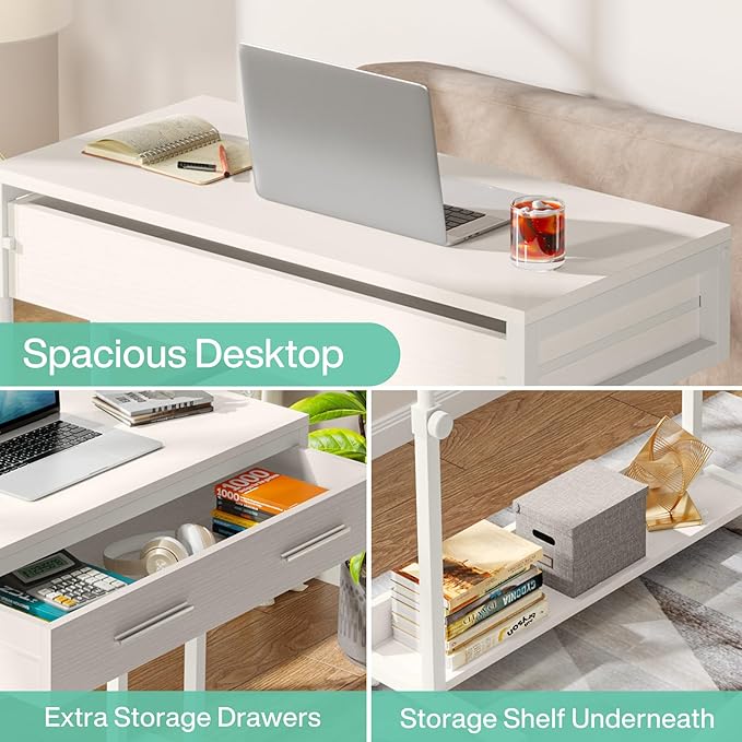 Tribesigns Portable Desk with Drawers Mobile Laptop Desk with Wheels Sofa Side Table Bed Desks Small Standing Desk for Home Office (White)