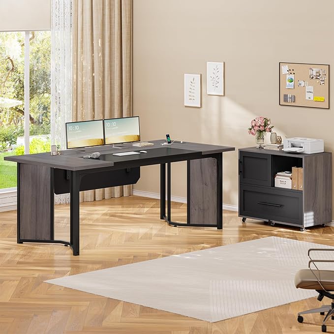 63 Executive Desk with Mobile File Cabinet Large Office Desk with Drawer Modern L Shaped Desk with Power Outlets Storage Shelves Corner Computer Desk Business Workstation Set (Grey)