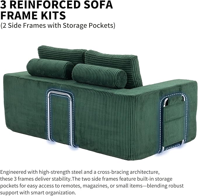 J.C.UP 69'' Convertible Sofa Bed Pull Out Loveseat Sleeper Sofa 2 Seater Boneless Folding Sofa Bed Floor Couch with Deep Seat Chaise Lounge for Living Room Bedroom No Assembly Required Green