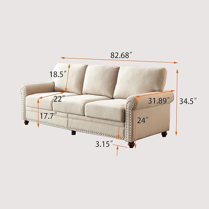 Lestar Fabric Sofa Couch 3 Seats Modern Upholstered Sofas 3 Seater Couches with Nails and Armrests (Beige)