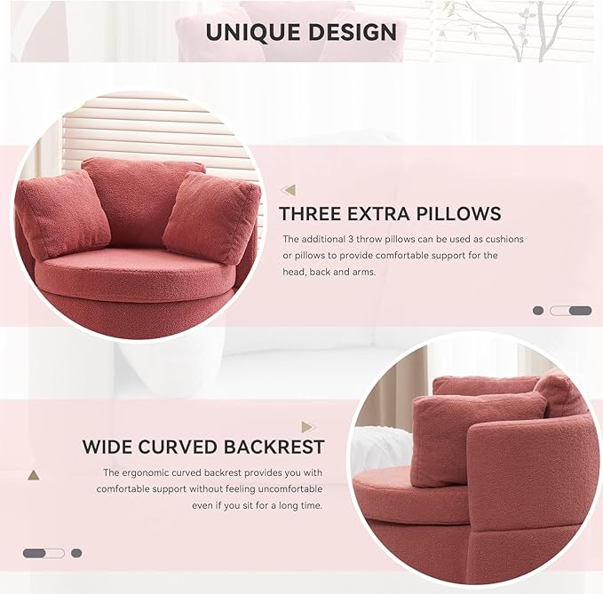 FOXHUNTER Swivel Barrel Chair 360 Degree Swivel Round Storage Chair with 3 Pillows Oversize Teddy Swivel Accent Chair Comfy Single Sofa Chair for Nursery Living Room Bedroom (Pink)