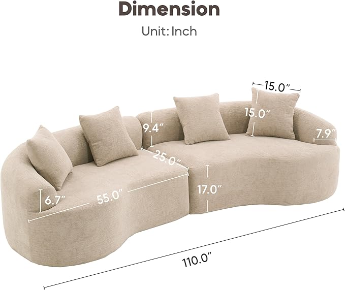 Yoglad 110‘’ Boneless Curved Sofa Modern Cloud 4-Seater Floor Couch Minimalist Compression Sofa for Living Room Apartment Studio Office No Assembly Needed(Chenille Beige Pink)