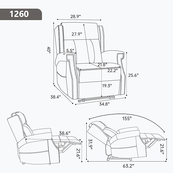 KEIKI Oversized Recliner Chair Manual Leather Recliner Chair with 8 Vibration Nodes Back Massager and Heating for Living Room Comfy Rocking Chairs for Living Room Grey