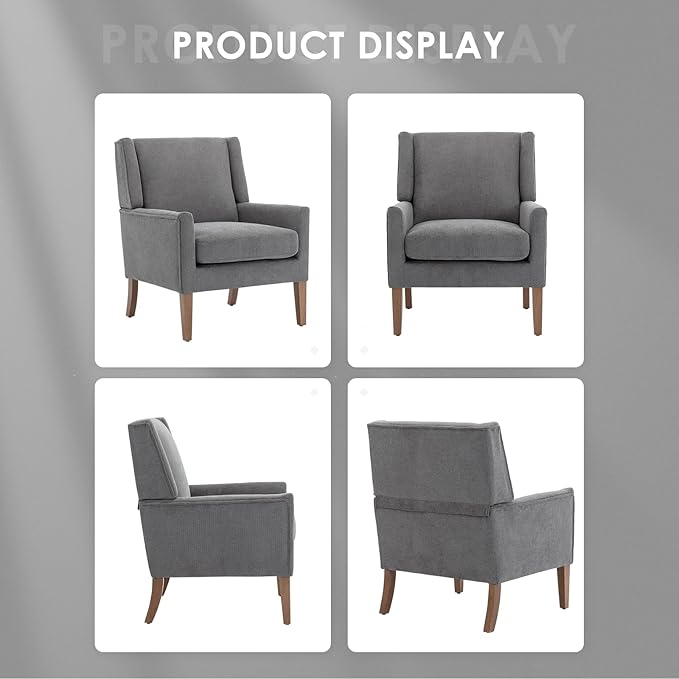 COLAMY Modern Wingback Living Room Chair Set of 2 Upholstered Fabric Accent Armchair Single Sofa Chair with Lounge Seat and Wood Legs for Bedroom/Office/Reading Spaces Gery