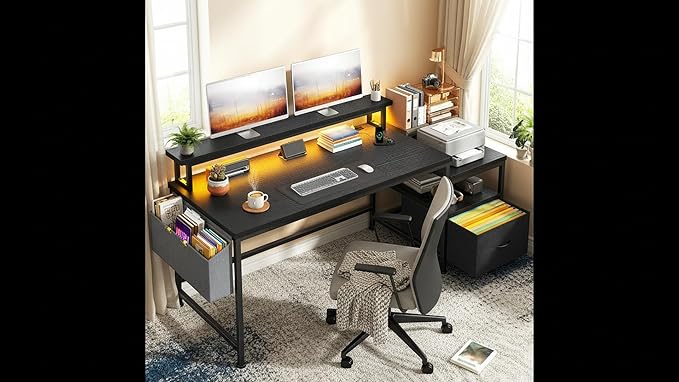 Gaming Desk with Monitor StandComputer Desk with LED Lights &ampPower OutletsOffice Desk with Drawers &amp Printer ShelfWriting Table with Side Storage Bag57 W x 20 D x 36 HBlack Desk